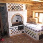 Swedish stove with bench and tiled cladding